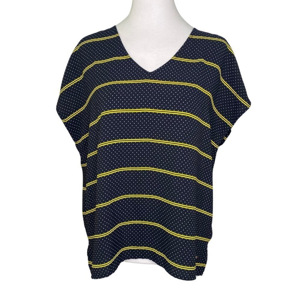 Tommy Hilfiger Women's Short Sleeve Black & Yellow Polka Dot/Striped Blouse, XS